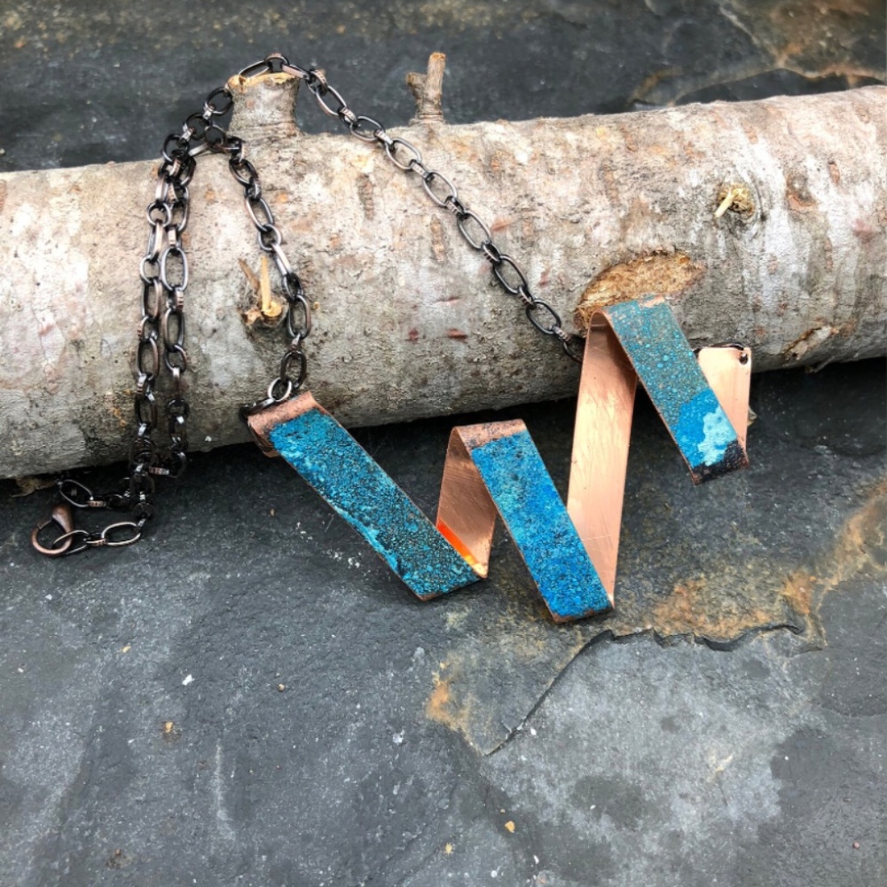 Beautiful recycled copper and patina necklace.